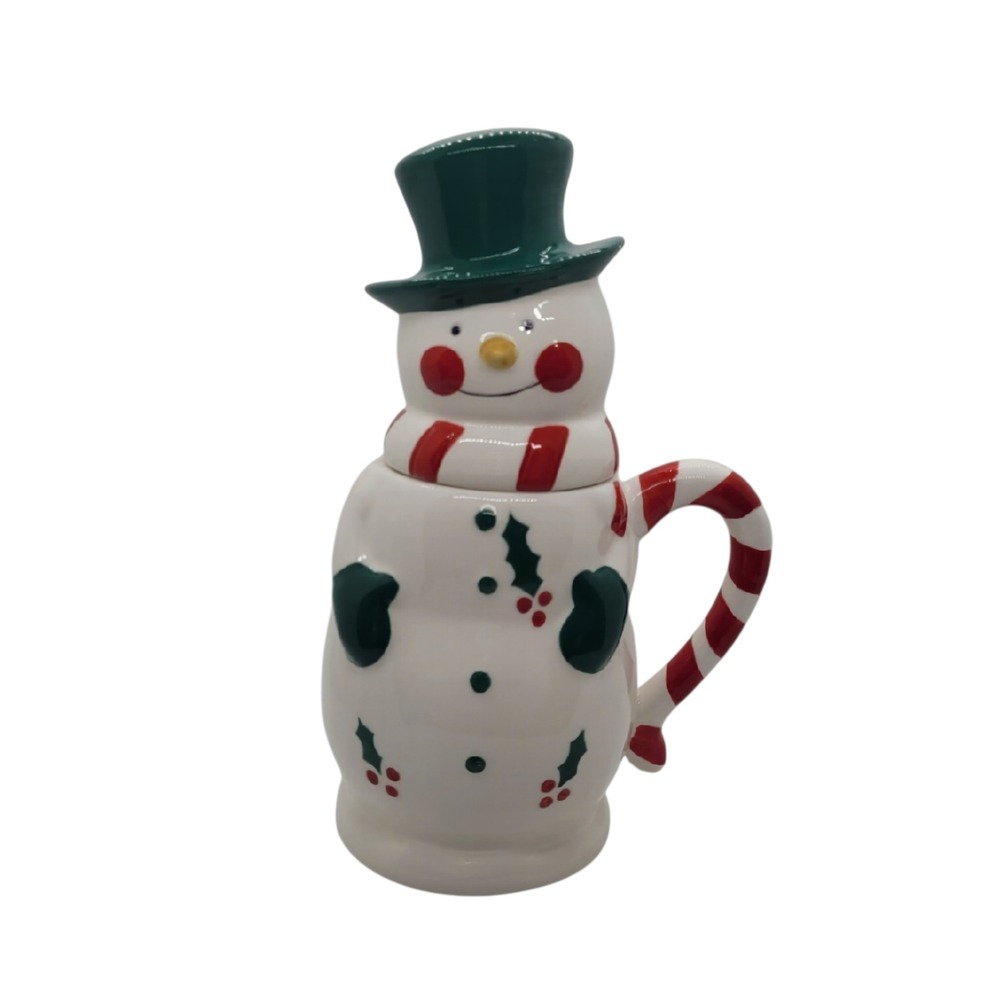 Temp-tations Snowman 24oz Ceramic Mug with Lid Christmas Candy Cane Handle Green